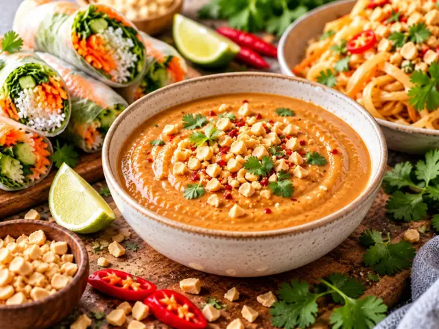 Creamy Thai peanut sauce topped with chopped peanuts and cilantro, served with spring rolls, noodles, lime, and red chili.