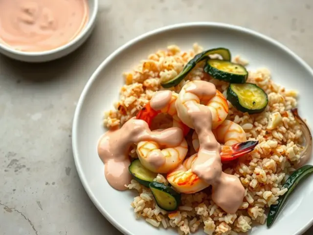 Yum yum sauce drizzled over hibachi shrimp and fried rice