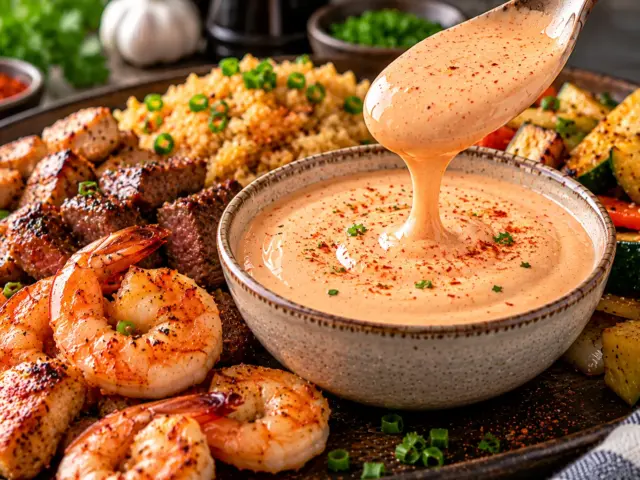 Bowl of creamy yum yum sauce with hibachi shrimp, steak, chicken and fried rice